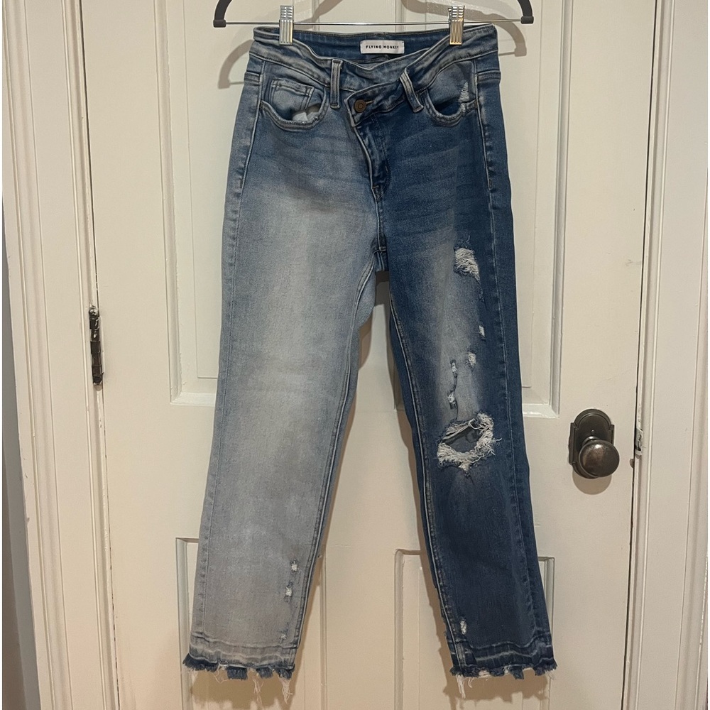 Flying Monkey Two-Toned Asymmetrical Straight Leg Jeans